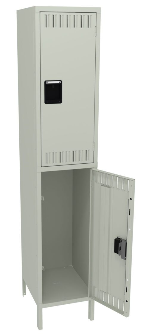 A tall, light gray metal locker with two compartments. The top compartment is closed, while the bottom compartments door is open, revealing an empty interior. Both compartments have ventilation slots and a black rectangular handle.