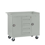 A light gray, wheeled storage cart with two large side cabinets and four central drawers. It features round handles on the cabinets and a flat top surface with raised edges. The cart is designed for mobility and utility.