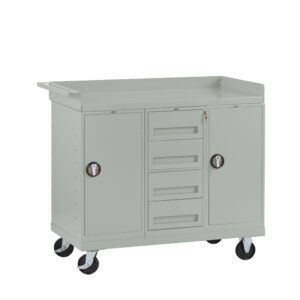 A light gray, wheeled storage cart with two large side cabinets and four central drawers. It features round handles on the cabinets and a flat top surface with raised edges. The cart is designed for mobility and utility.