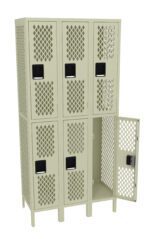 Six beige metal lockers are arranged in two rows of three. Each locker has a vented door with a lattice pattern and a black handle. One locker at the bottom right is open, showing an empty interior.