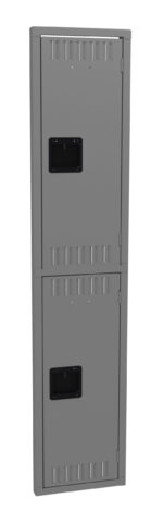 A tall, gray metal locker with two compartments. Each compartment has a black rectangular handle and small ventilation slits at the top and bottom. The locker is upright and against a plain white background.