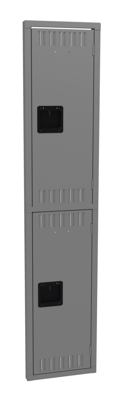 A tall, gray metal locker with two compartments. Each compartment has a black rectangular handle and small ventilation slits at the top and bottom. The locker is upright and against a plain white background.