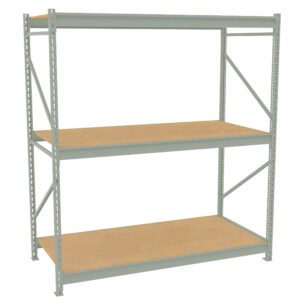 A metal shelving unit with two wooden shelves and supportive crossbars, designed for storage or organizational purposes. The frame is light gray, and the shelves have a natural wooden finish. The unit is freestanding.