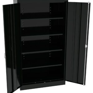 Open black metal cabinet with two doors and four adjustable shelves inside. The doors have handles and the interior appears spacious, suitable for storage. The cabinet is empty and stands against a white background.