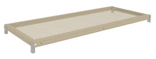 A digital rendering of a beige perforated metal shelf. The shelf has small round holes evenly distributed across its surface and four mounting supports at each corner. It is viewed from a slightly elevated angle.