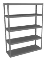 A five-tier, gray metal shelving unit with adjustable shelves is shown. The unit has a simple, industrial design and is empty, set against a plain white background.