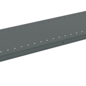 A long, flat metal shelf with a series of small holes along its edges. The surface is smooth and painted in a dark gray color, with brackets on each corner for mounting or connecting to a structure.