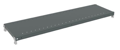 pjtxc4zr2yti1cmnd3kg.jpg A long, flat metal shelf with a series of small holes along its edges. The surface is smooth and painted in a dark gray color, with brackets on each corner for mounting or connecting to a structure.