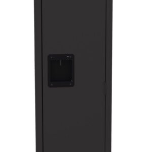 A tall, narrow, dark gray metal locker with a vented door and a rectangular handle at the center. The locker has a simple, minimalist design suitable for storing personal items.
