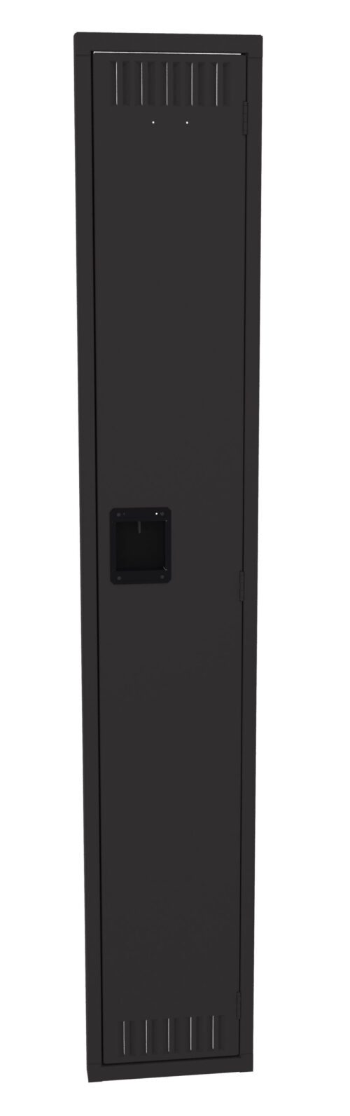 A tall, narrow, dark gray metal locker with a vented door and a rectangular handle at the center. The locker has a simple, minimalist design suitable for storing personal items.