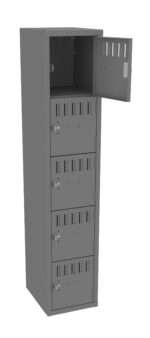 Gray metal locker unit with six compartments stacked vertically. The top compartment door is open, revealing an empty interior. Each compartment has ventilation slits and a lock mechanism on the door.