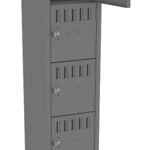 Gray metal locker unit with six compartments stacked vertically. The top compartment door is open, revealing an empty interior. Each compartment has ventilation slits and a lock mechanism on the door.