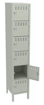 A tall, light gray metal locker with five compartments. The fourth compartment is open, revealing its interior. Each locker door has ventilation slits and a keyhole. The design is simple and industrial.