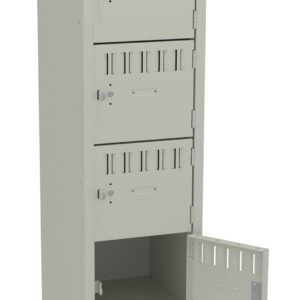 A tall, light gray metal locker with five compartments. The fourth compartment is open, revealing its interior. Each locker door has ventilation slits and a keyhole. The design is simple and industrial.