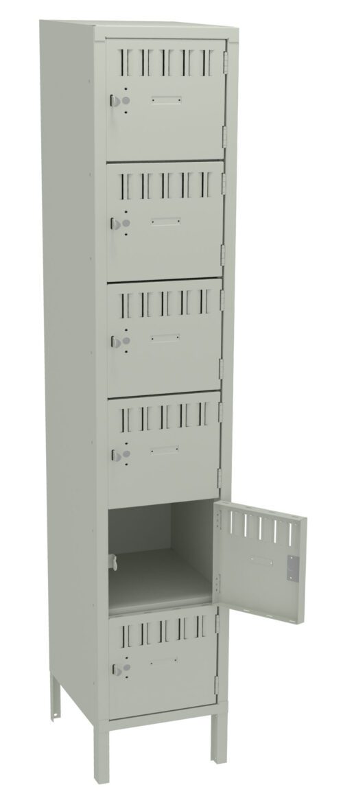 A tall, light gray metal locker with five compartments. The fourth compartment is open, revealing its interior. Each locker door has ventilation slits and a keyhole. The design is simple and industrial.