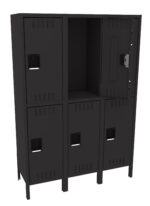 A black six-compartment locker unit with an open door on the top right compartment. Each compartment has a rectangular handle and vent slots for airflow. The locker stands on small legs.