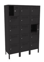 Three black metal lockers with multiple compartments, some with open doors. Each compartment has a small latch for securing with a lock. The lockers stand on four legs, creating a functional and industrial appearance.