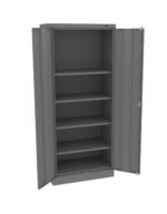 A grey metal storage cabinet with two open doors revealing five empty shelves inside. The cabinet has a simple, industrial design suitable for organizing various items in a workspace or garage.