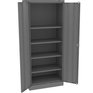 A grey metal storage cabinet with two open doors revealing five empty shelves inside. The cabinet has a simple, industrial design suitable for organizing various items in a workspace or garage.