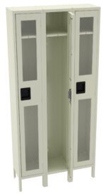 A beige metal locker with three compartments, each featuring a rectangular glass panel on the door. Two compartments are closed, and the middle one is open, revealing an empty interior. The locker stands on four legs.