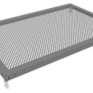 A rectangular metal ventilated shelf with perforated holes evenly distributed across its surface. The shelf is gray with angled edges, supported by brackets on each side.