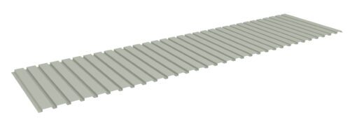 ploldy2plf77zbxbtrwr.jpg A long, rectangular sheet of corrugated metal with evenly spaced ridges running parallel. The metal has a light gray or silver color, commonly used for roofing or siding purposes.