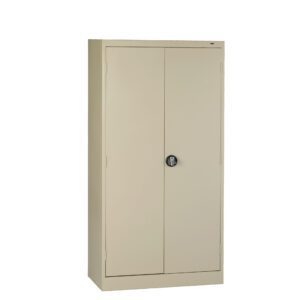 A tall, beige metal cabinet with two doors and a round, central handle is set against a white background. The cabinet has a simple design, suggesting it is used for storage purposes.