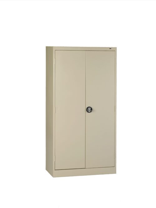 plyr8ywsyz3uvyv93n5u.jpg A tall, beige metal cabinet with two doors and a round, central handle is set against a white background. The cabinet has a simple design, suggesting it is used for storage purposes.