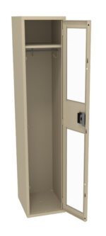A beige metal locker with its door open, revealing an empty interior with a hanging rod and hooks. The door has two transparent panels and a black locking mechanism.