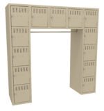 A beige, U-shaped locker system with multiple compartments, featuring keyholes and ventilation slots, stands against a white background. The design includes vertical lockers on each side and a horizontal row connecting them at the top.