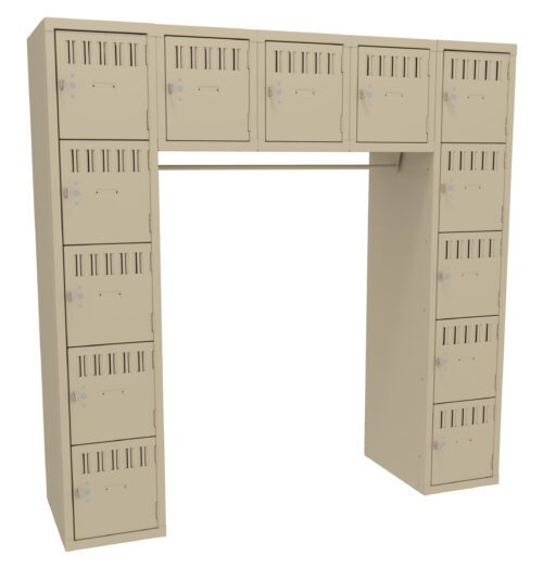 pmjg4hfjyr7w61smcm4v.jpg A beige, U-shaped locker system with multiple compartments, featuring keyholes and ventilation slots, stands against a white background. The design includes vertical lockers on each side and a horizontal row connecting them at the top.