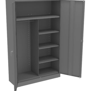 A gray metal storage cabinet with one open door. Inside, theres a rod on the left for hanging items, and multiple adjustable shelves on the right. The cabinet is elevated on short legs.