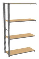 Metal shelving unit with four wooden shelves, standing empty. The frame is made of grey metal with perforated holes for adjustable shelf positioning. The shelves are evenly spaced and parallel, perfect for storage or organization.