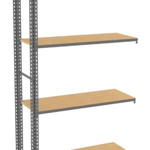 Metal shelving unit with four wooden shelves, standing empty. The frame is made of grey metal with perforated holes for adjustable shelf positioning. The shelves are evenly spaced and parallel, perfect for storage or organization.
