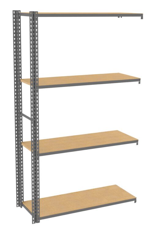 pmvoovapycc5ksfj6u8j.jpg Metal shelving unit with four wooden shelves, standing empty. The frame is made of grey metal with perforated holes for adjustable shelf positioning. The shelves are evenly spaced and parallel, perfect for storage or organization.