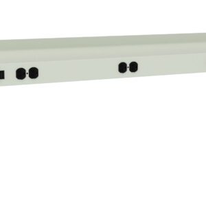 A gray power distribution unit with a metal frame, featuring multiple black sockets and a red power switch on one side. Designed for mounting, with brackets on each end.