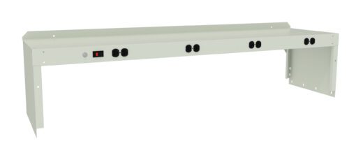 A gray power distribution unit with a metal frame, featuring multiple black sockets and a red power switch on one side. Designed for mounting, with brackets on each end.