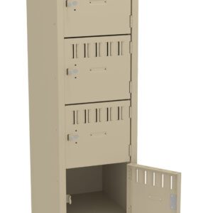 A tall, beige metal locker with six compartments, each having a small latch. The bottom compartment is open, revealing an empty interior. The locker stands on four legs, isolated against a white background.
