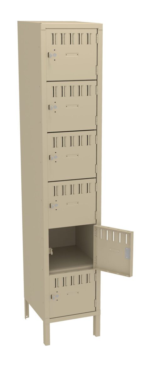 A tall, beige metal locker with six compartments, each having a small latch. The bottom compartment is open, revealing an empty interior. The locker stands on four legs, isolated against a white background.