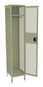 A beige, open mesh metal locker with a single door. The locker has a metal shelf and a rod for hanging items. The door features a black locking mechanism and a diamond-patterned mesh design for ventilation.