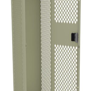 A beige, open mesh metal locker with a single door. The locker has a metal shelf and a rod for hanging items. The door features a black locking mechanism and a diamond-patterned mesh design for ventilation.