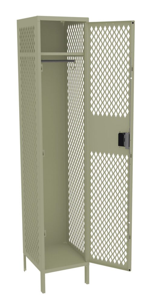 A beige, open mesh metal locker with a single door. The locker has a metal shelf and a rod for hanging items. The door features a black locking mechanism and a diamond-patterned mesh design for ventilation.