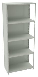 A tall, gray metal shelving unit with five shelves. The unit is empty and has a simple, utilitarian design with adjustable shelves held by small holes along the sides for customizable height.