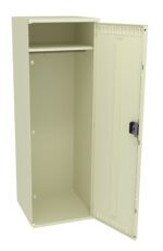 A beige metal cabinet with one door open, revealing an empty interior. The cabinet has a shelf near the top and a hook on the side. The door features a black lock mechanism and vertical ridges for design.