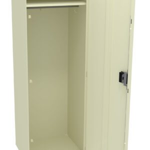 A beige metal cabinet with one door open, revealing an empty interior. The cabinet has a shelf near the top and a hook on the side. The door features a black lock mechanism and vertical ridges for design.