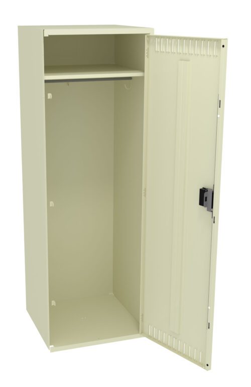 A beige metal cabinet with one door open, revealing an empty interior. The cabinet has a shelf near the top and a hook on the side. The door features a black lock mechanism and vertical ridges for design.