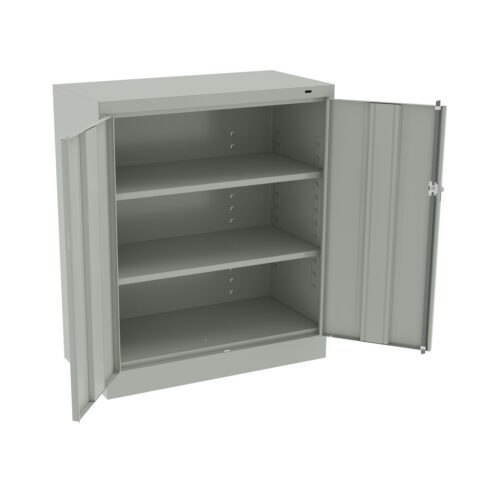 A gray metal cabinet with two open doors revealing three empty shelves inside. The cabinet has a simple, industrial design, suitable for storage purposes.