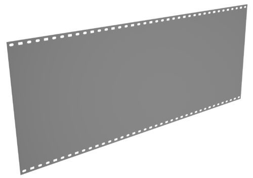 posvoyuut58lp9o5ahl3.jpg A blank, gray rectangular sheet of film with perforated holes along the top and bottom edges, set against a white background.