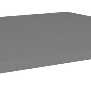A gray metallic rectangular shelf with a smooth surface and vertical edges on two sides, depicted on a white background.