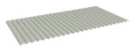 A rectangular sheet of gray corrugated metal with evenly spaced ridges, viewed from an angle. The surface is smooth and reflects light, giving a sense of newness. The edges are straight and parallel.